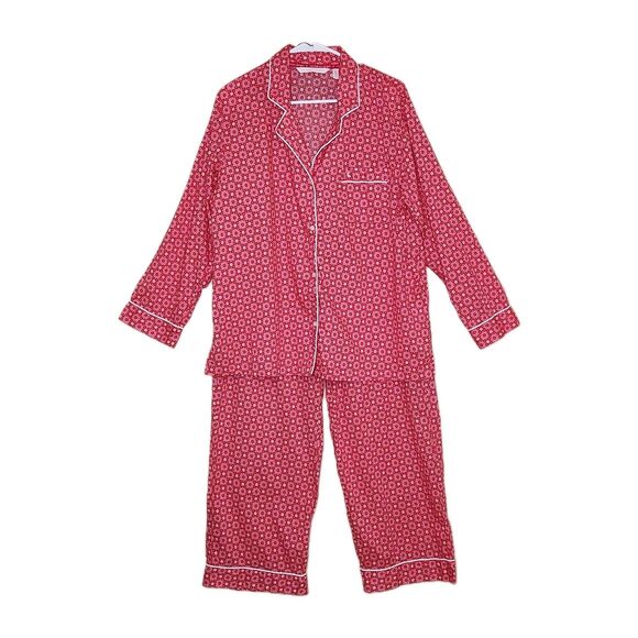 Victoria's Secret 2 Piece Pajama Set Women's Large Red Pink White Floral Cotton - Picture 1 of 13